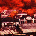 Postcard: Picture of the Tokyo Dentō Company engulfed in flames, Yūrakuchō, Tokyo