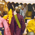 Postcard: Buddhist monks at a memorial service for the dead at the site of the Honjo Clothing Depot