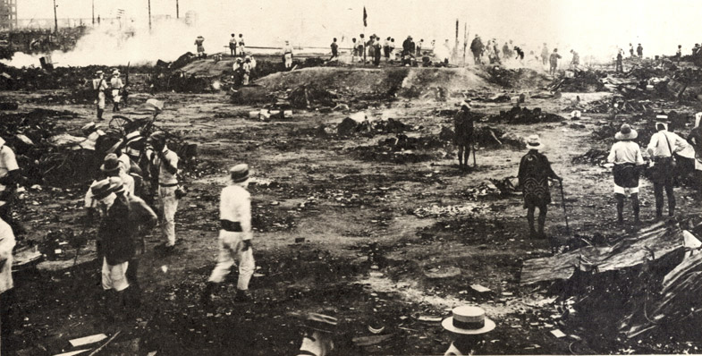 Photograph of bodies being cremated at the site of the Honjo Clothing Depot