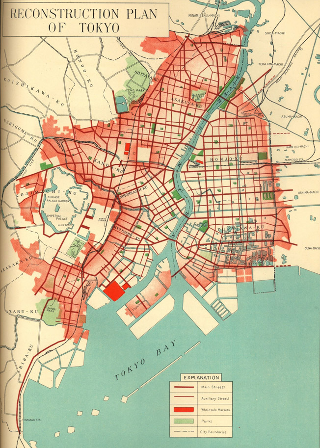 Map indicating the reconstruction of Tokyo
